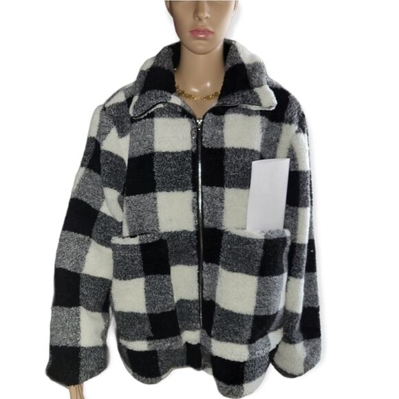 New Steve Madden Black & White Buffalo Plaid Fleece Zip-Up Women's Jacket - Picture 2 of 12